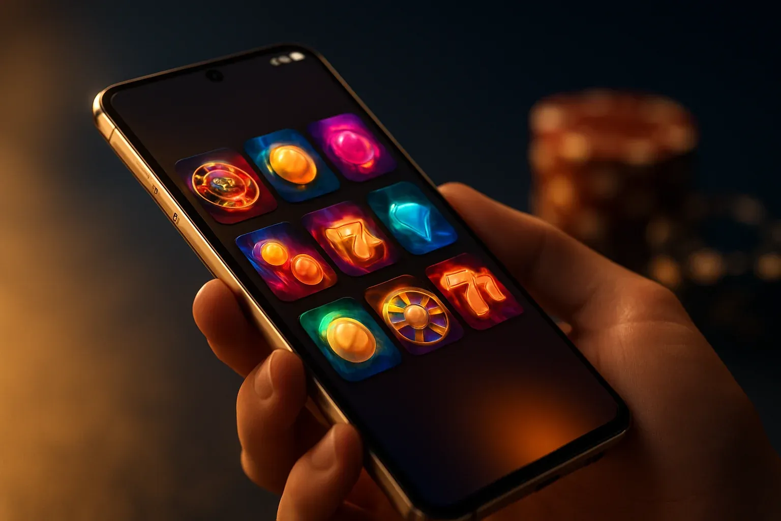 Flagship Android smartphone displaying vivid casino app interface in dramatic lighting