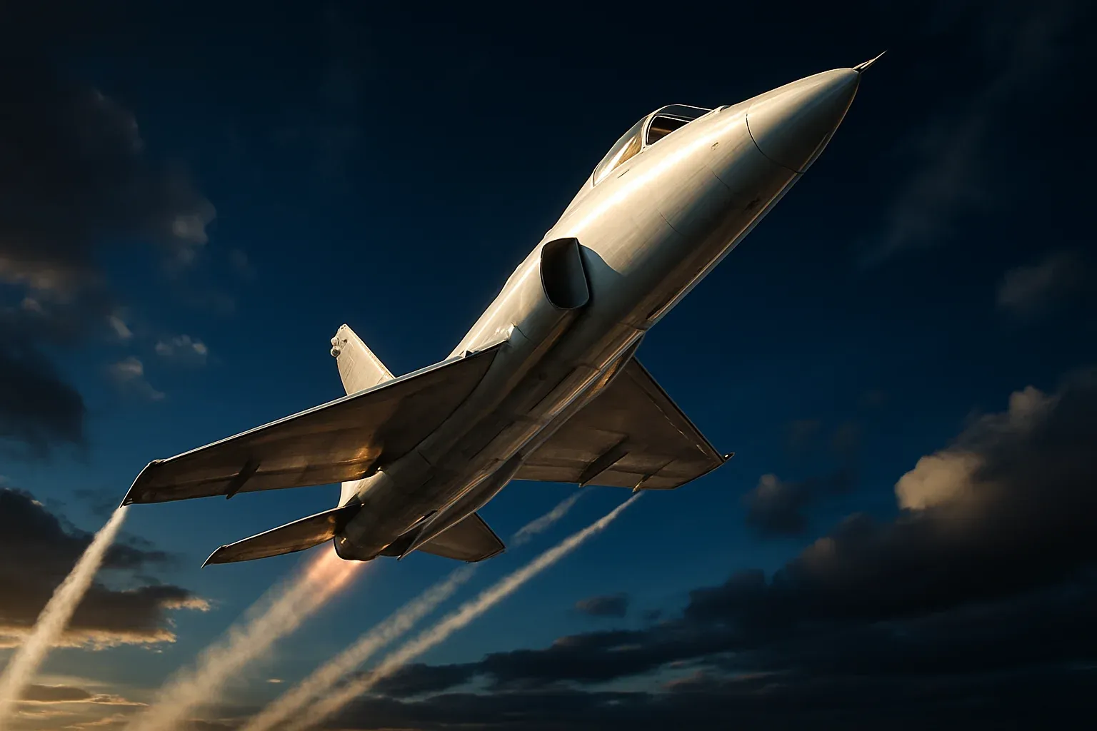 Hyperrealistic white jet aircraft climbing steeply in dramatic blue sky