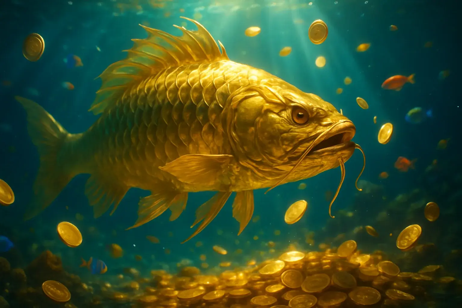 Massive golden dragon fish underwater with glowing coins and treasure