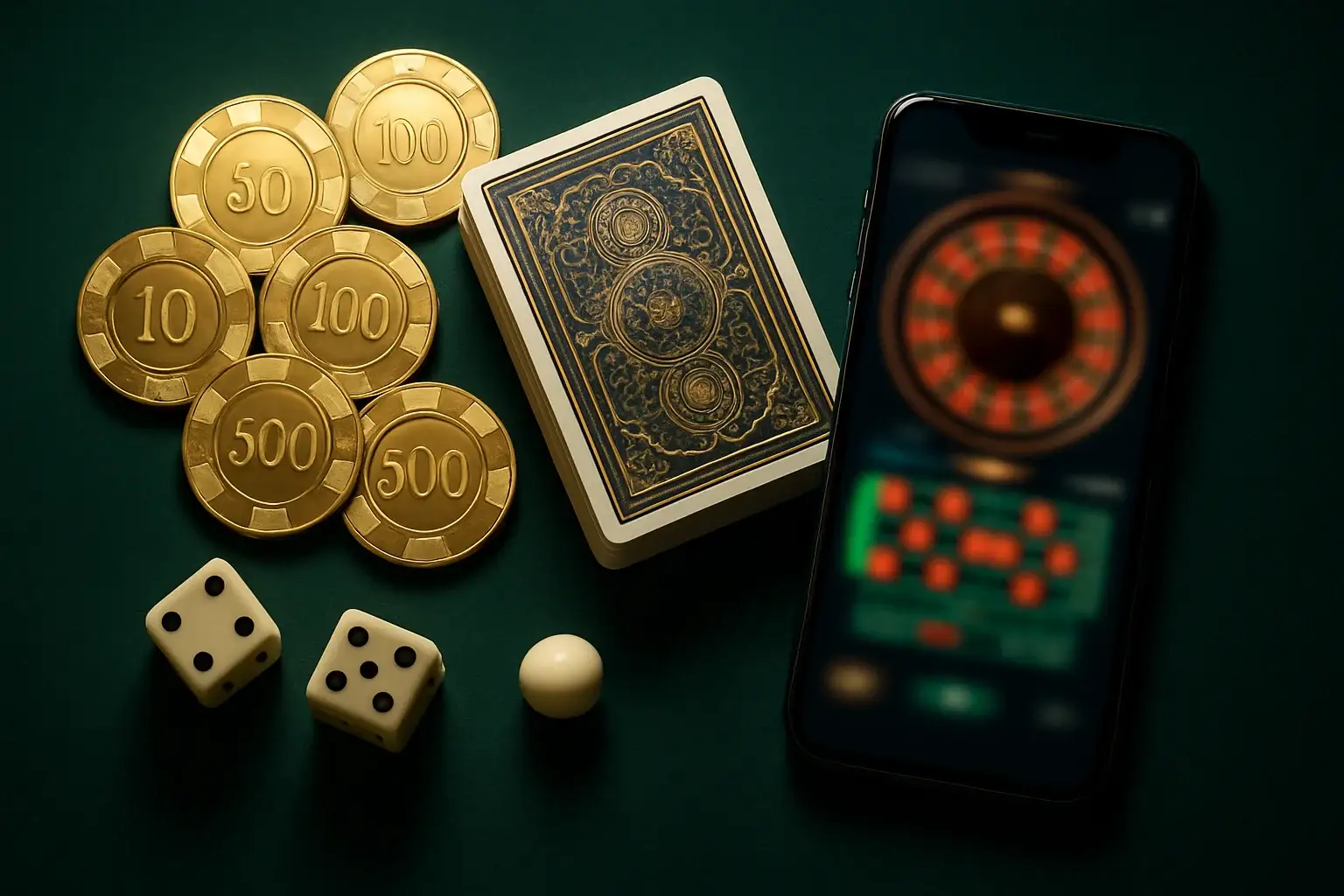 Top-down premium casino table with chips, cards, dice, roulette ball, smartphone