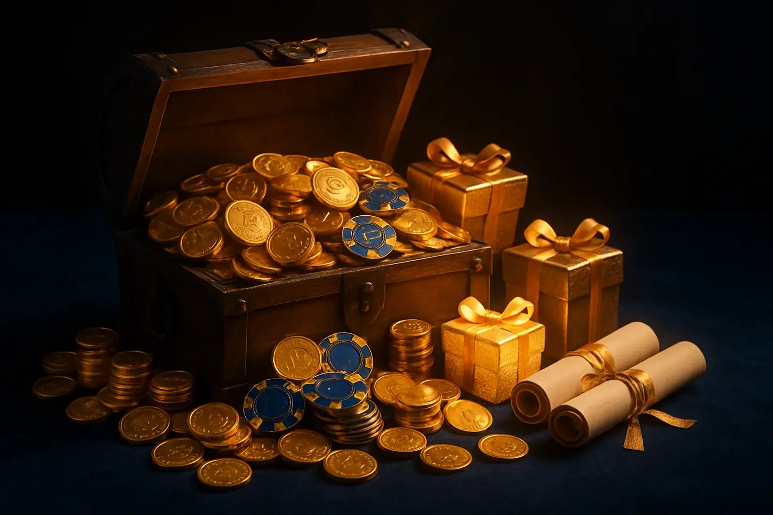 Overflowing treasure chest with gold coins, casino chips, vouchers, and gift boxes