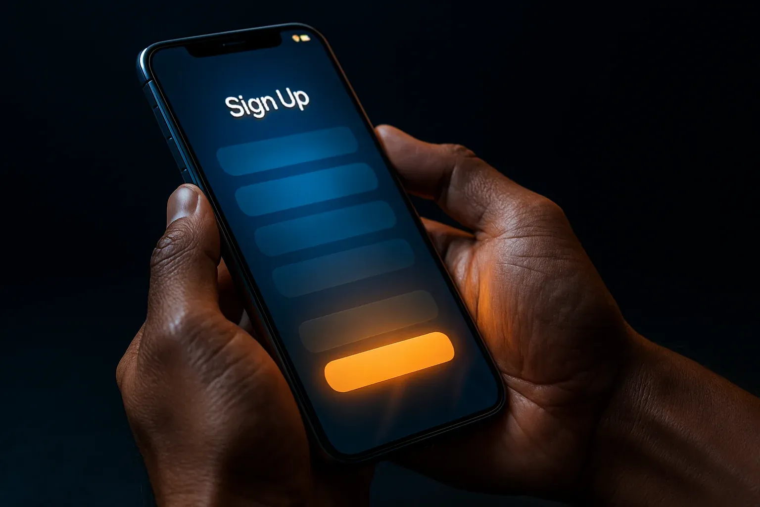 Filipino man's hands holding smartphone with glowing registration interface