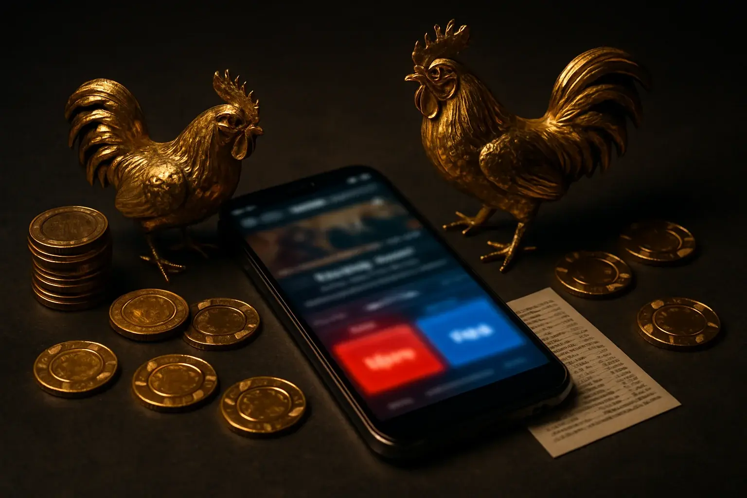 Smartphone with sabong betting interface, golden roosters, coins, and chips
