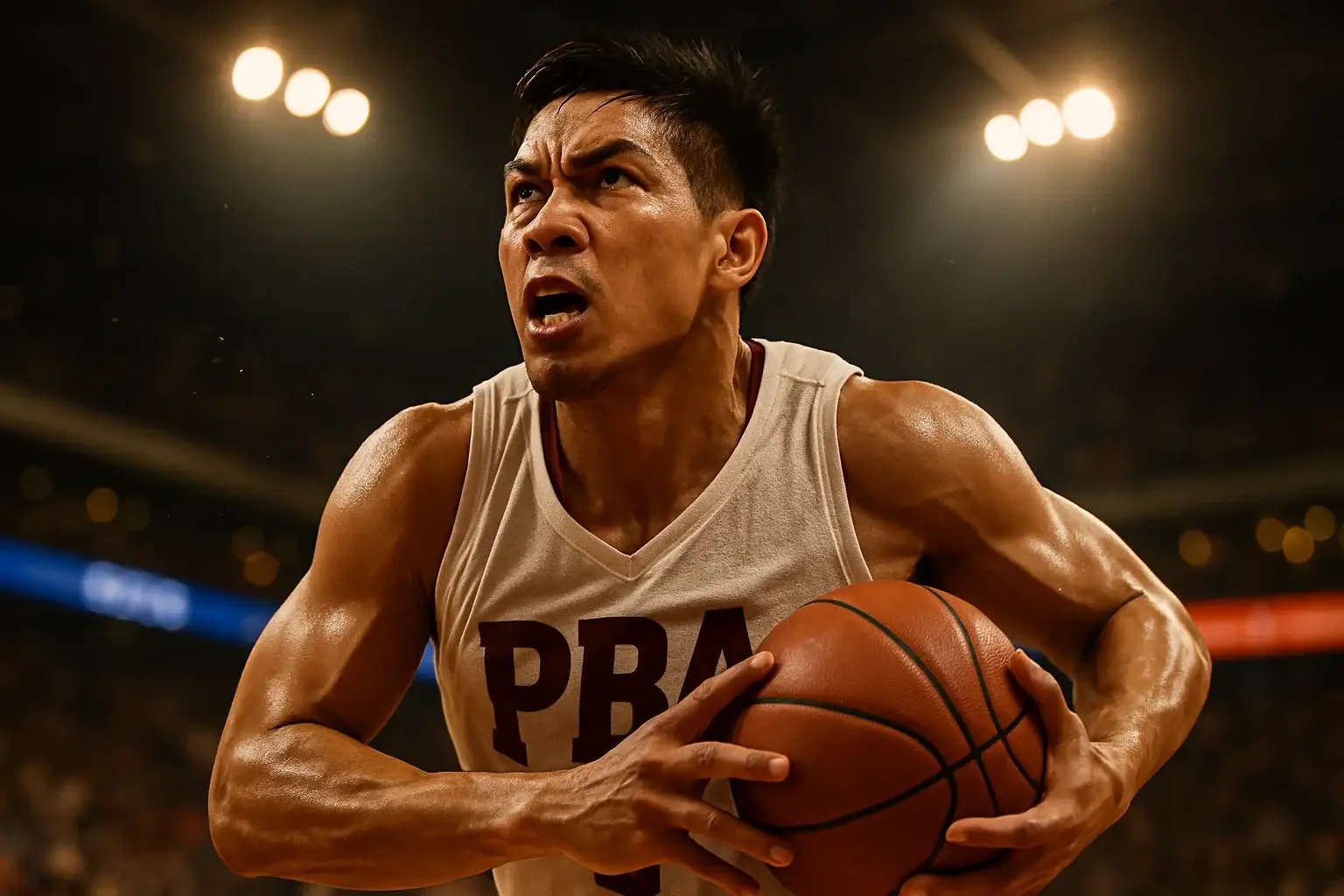 Filipino PBA basketball player driving mid-air toward basket in arena
